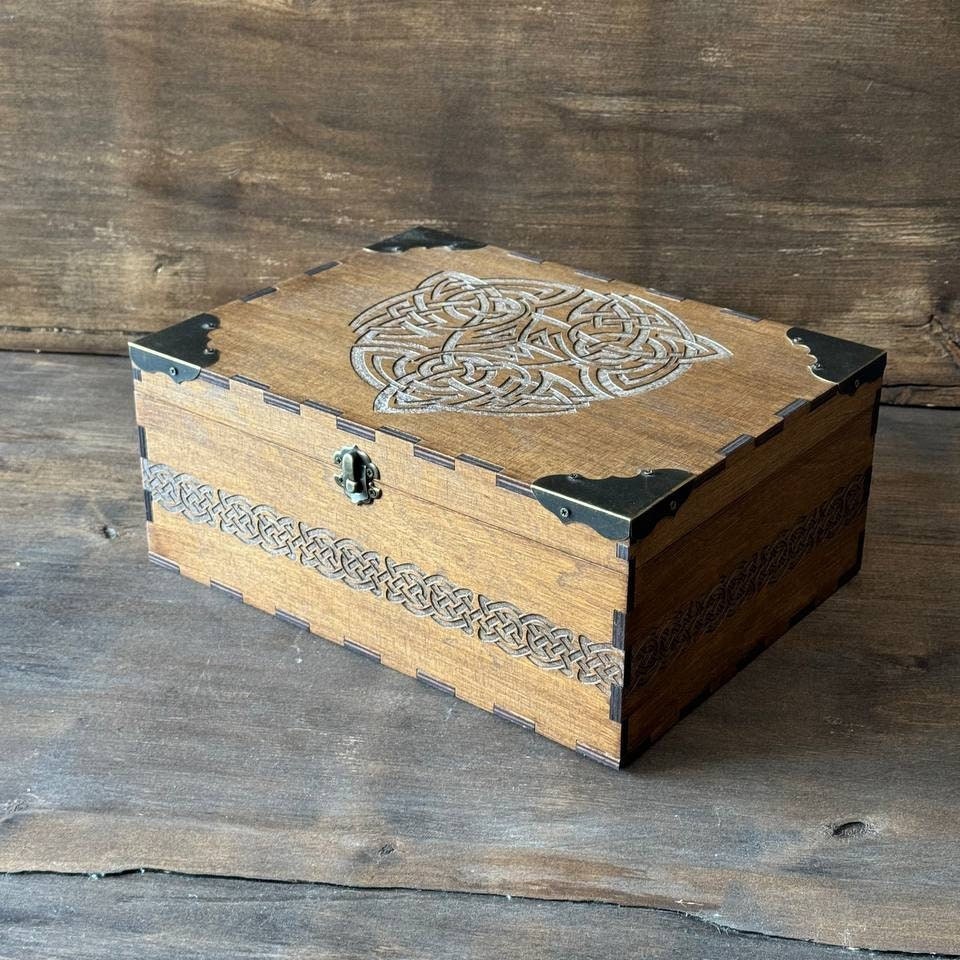 Wooden Storage Box | Viking Keepsake Chest with Celtic Symbol - Rustic Pagan Decor