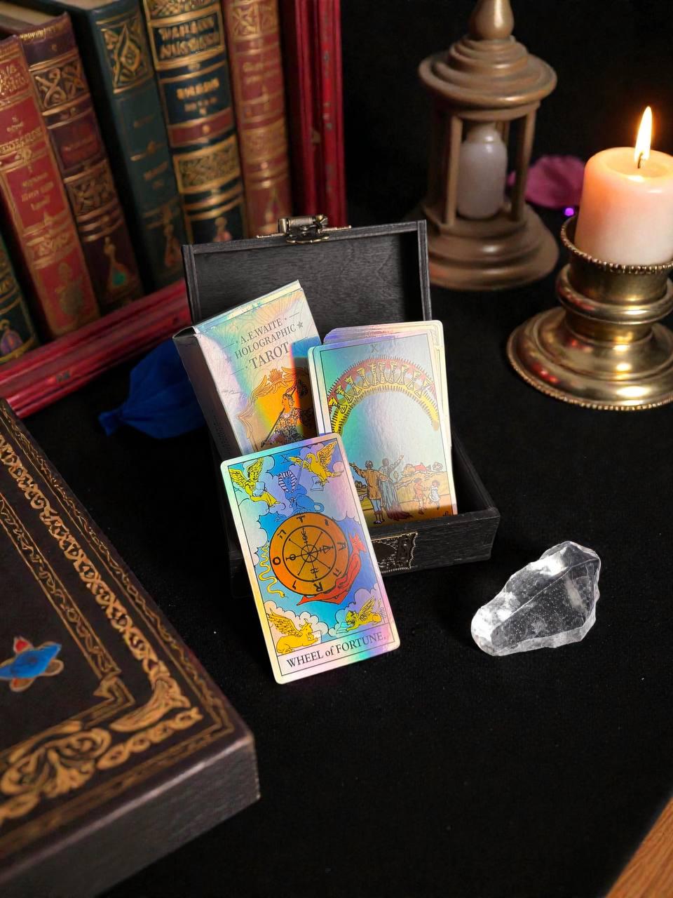 Holographic Rider Waite Tarot Deck Set, Personalized Box