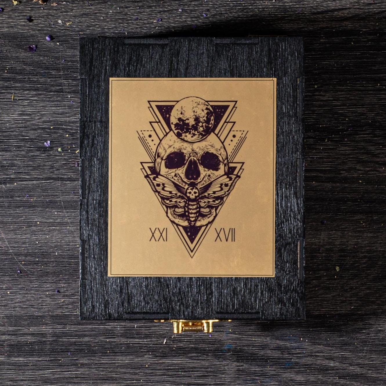 Personalized Gold & Black Wooden Tarot Card Box: Witch Altar Decor