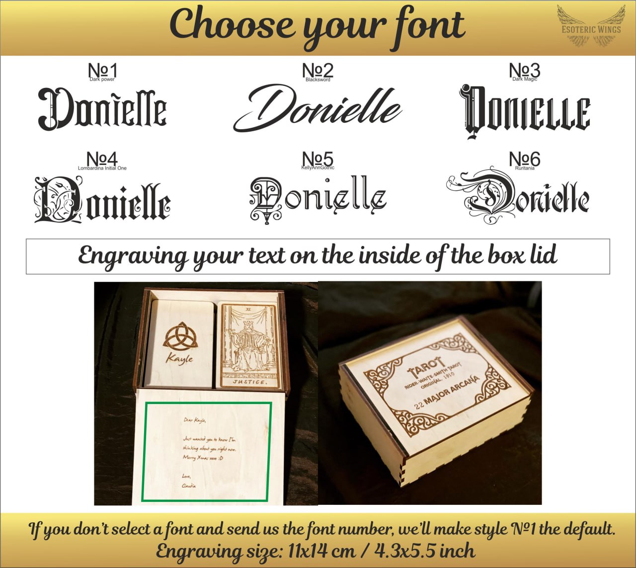 a selection of font styles for a custom box lid, along with instructions for engraving text on the inside of the lid.