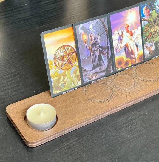 Sun and Moon Tarot Card Holder, Engraved Wooden Altar Stand