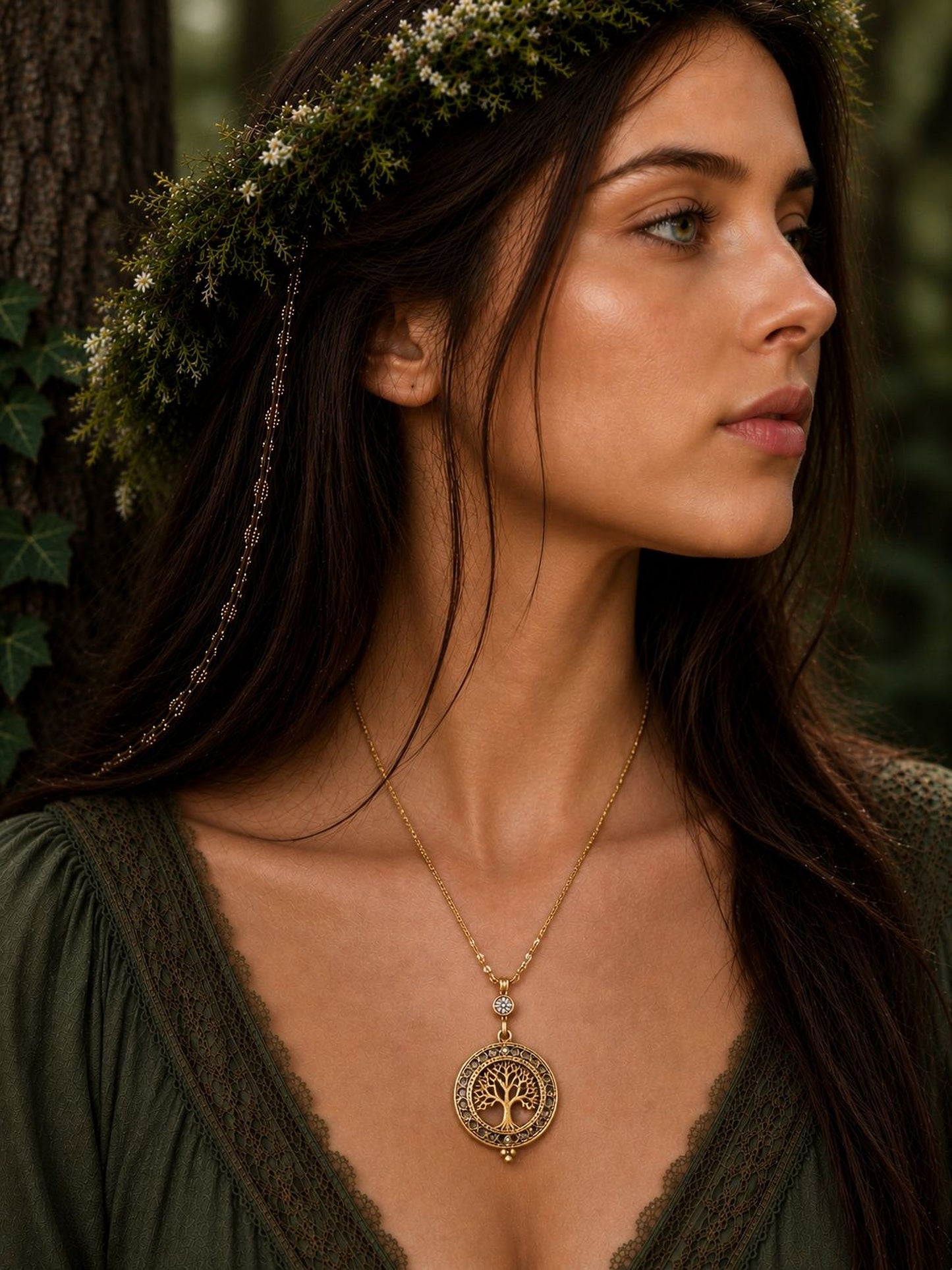 A woman with long dark hair wearing a green lace dress and a gold necklace with a pendant stands in a forest, wearing a flower crown on her head.