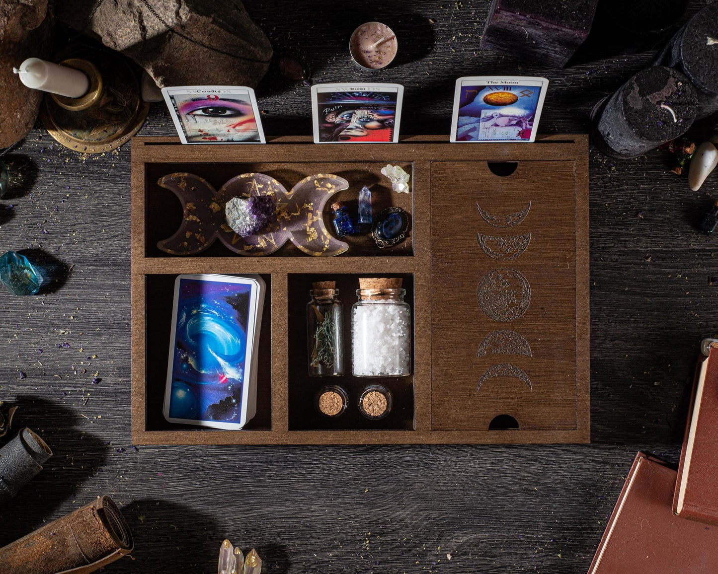 Moon Phase Tarot Box, Wooden Organizer for Cards, Witch Altar Storage Case, Crystal Divider Box