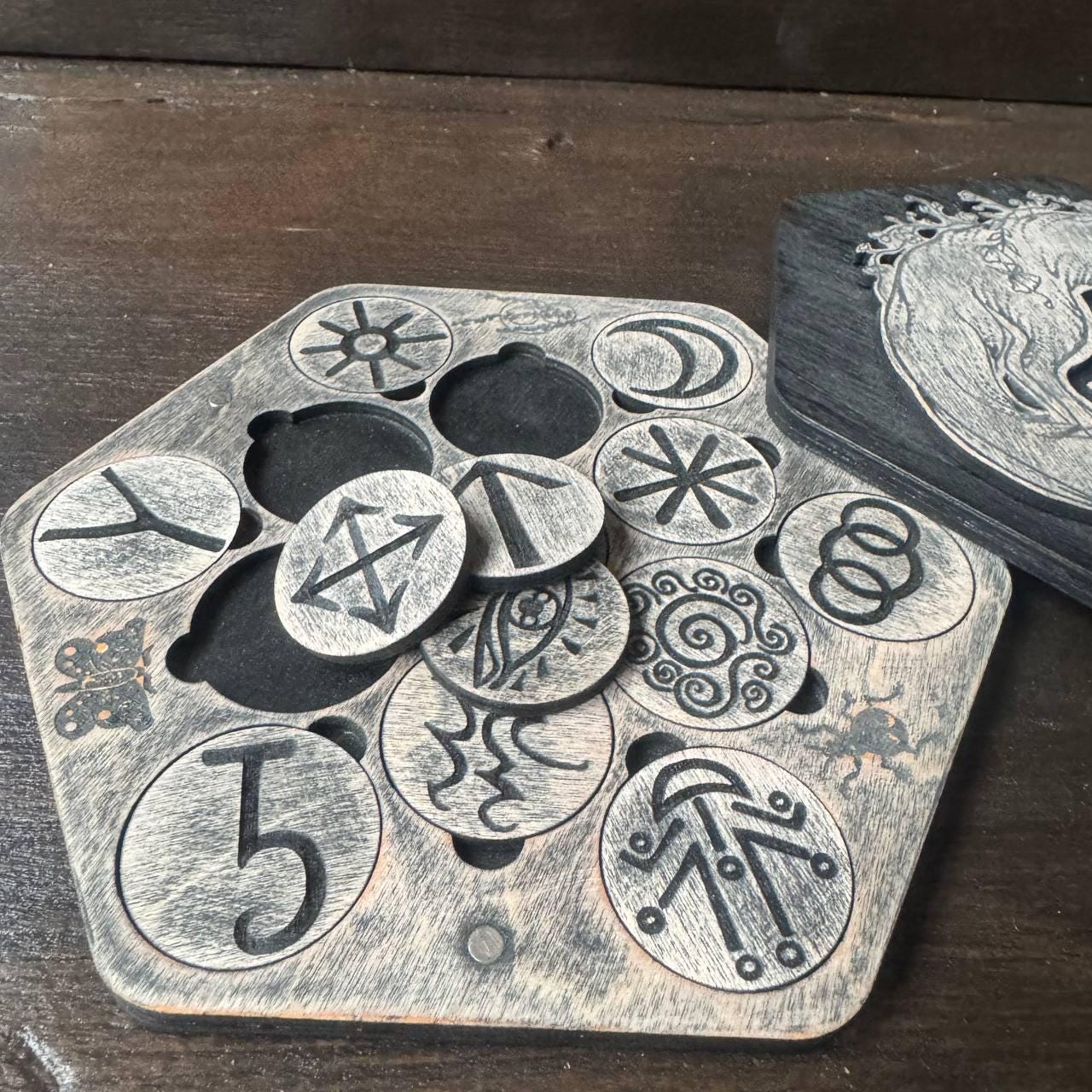 Witch Runes Set Wooden with Box, Pagan Divination Runes, Engraved Symbols, Spiritual Tool