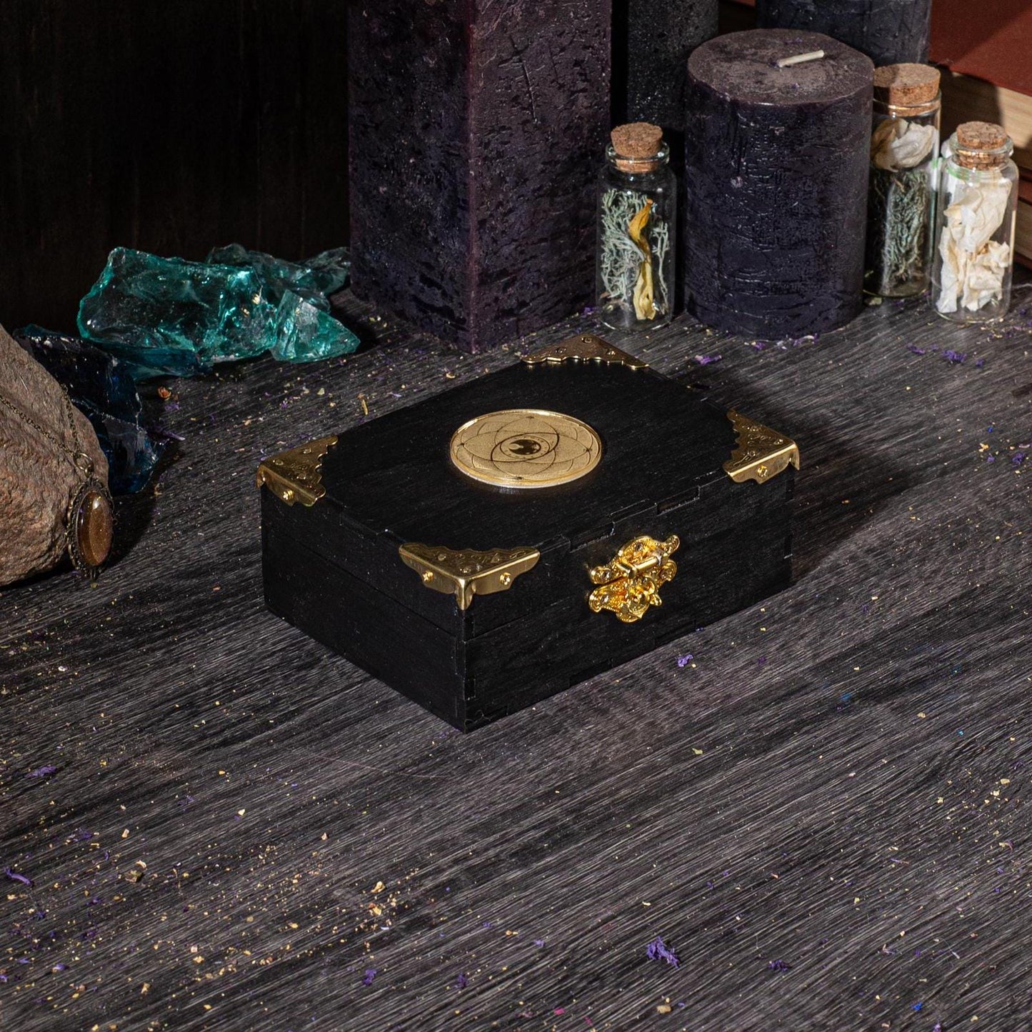 Tarot card  box, black box with golden eye, divination tools storage, witch gift