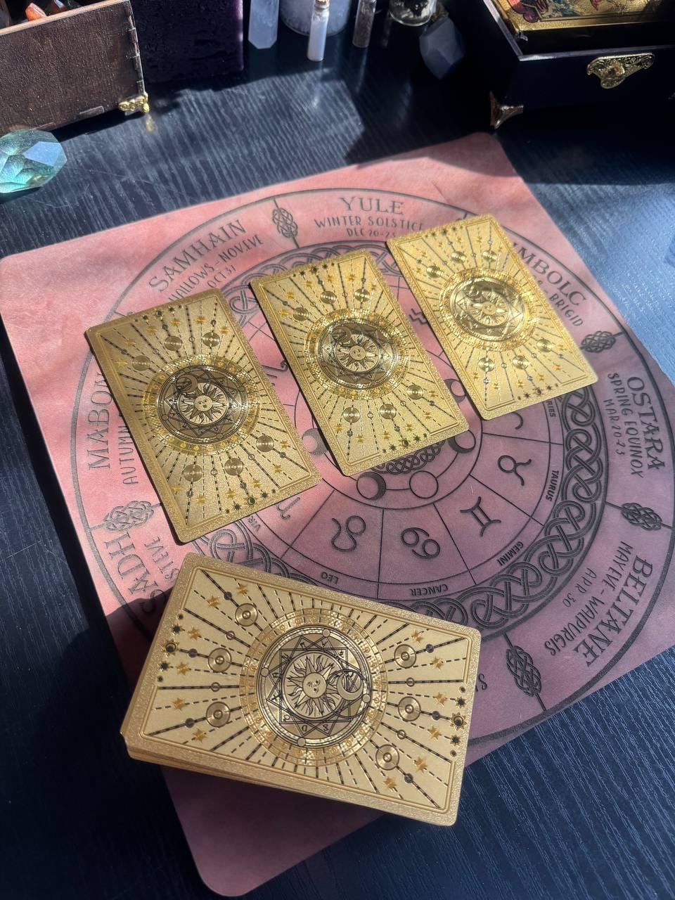 Engraved Leather Wiccan Calendar Mat, Zodiac Wheel Altar Planner in 3 Sizes
