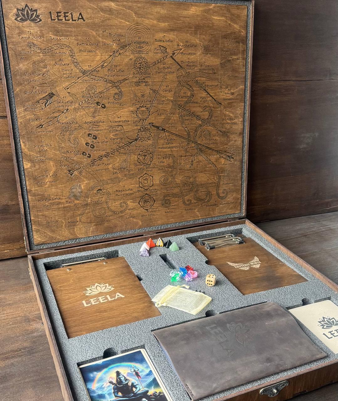 Leela Board Game - Wooden Spiritual Classic Set with Engraved Board & Meditation Tools