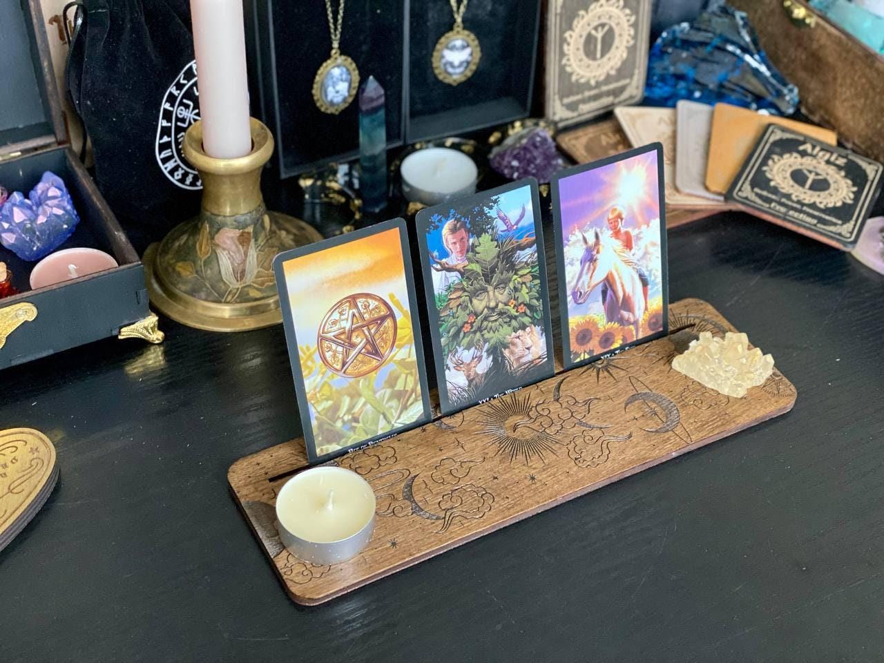 Moon and Sun Tarot Card Stand, Engraved Wooden Reading Holder