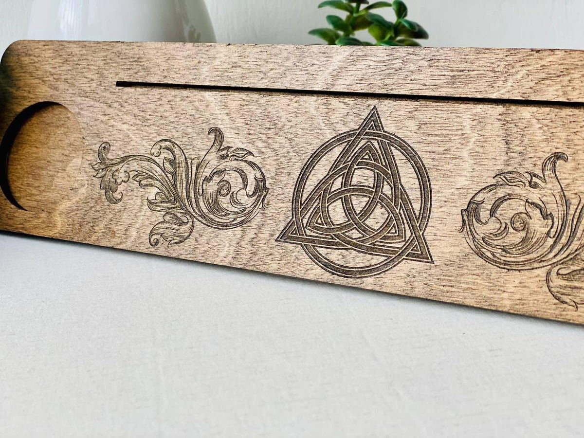 Engraved Wooden Tarot Card Holder with Candle Stand, Personalized Altar Display