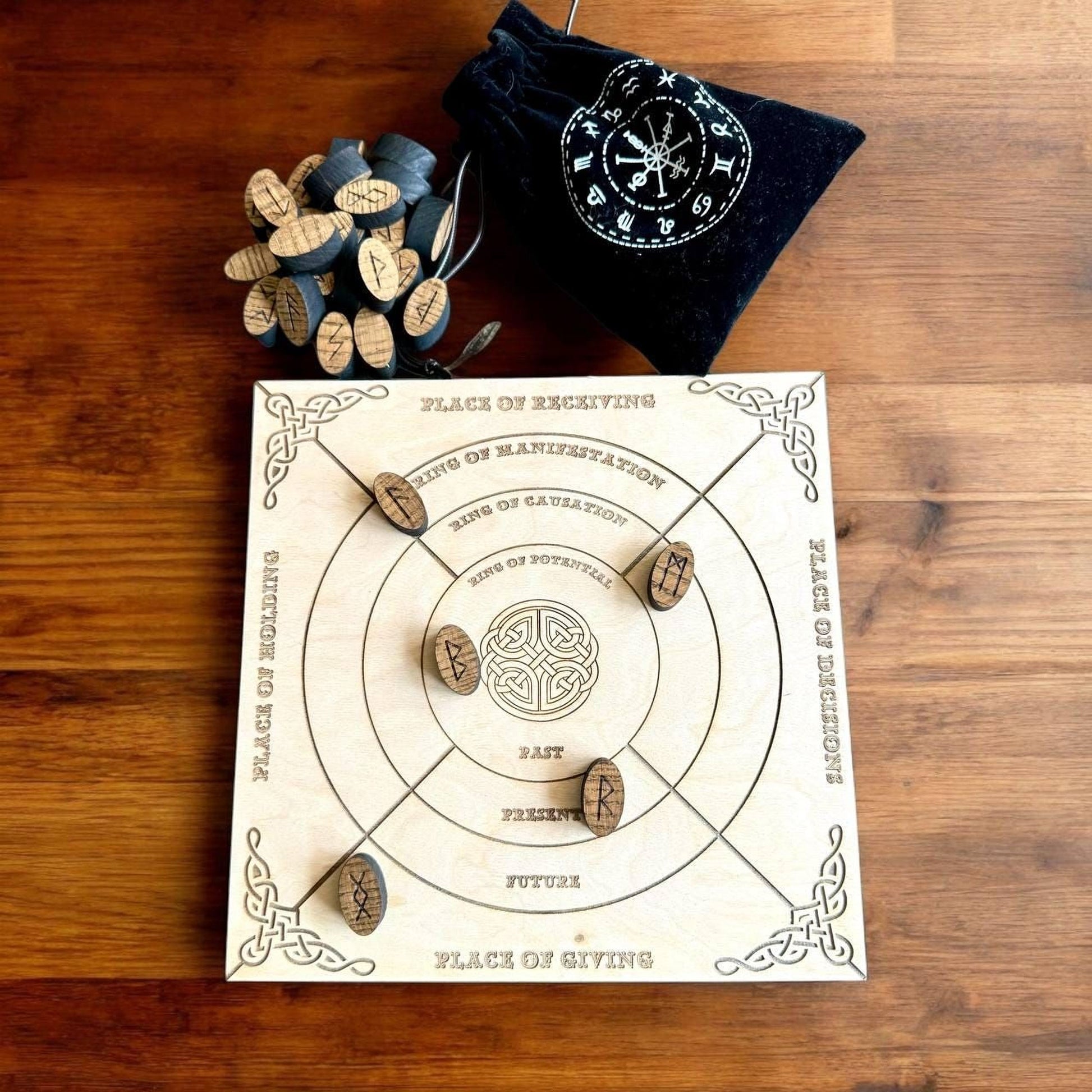 a wooden board game with a circular design and wooden pieces, placed on a wooden surface.