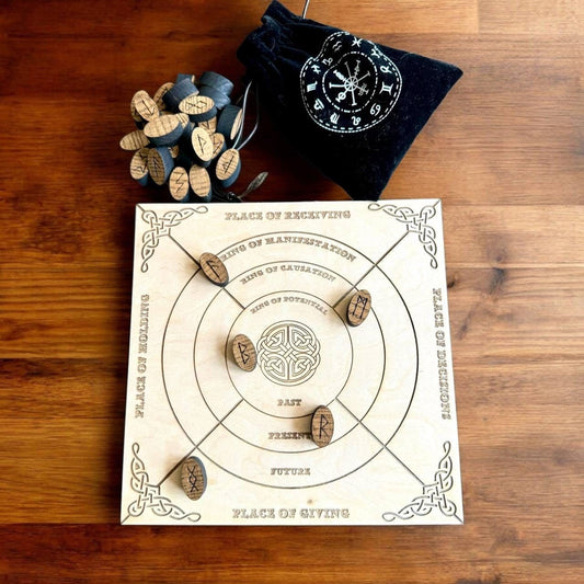 a wooden board game with a circular design and wooden pieces, placed on a wooden surface.