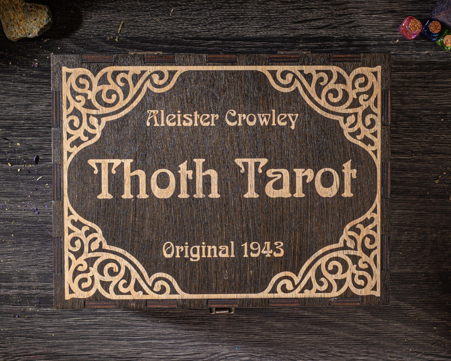 a wooden box with a decorative border, displaying the name "Thoth Tarot" and the year "Original 1943".