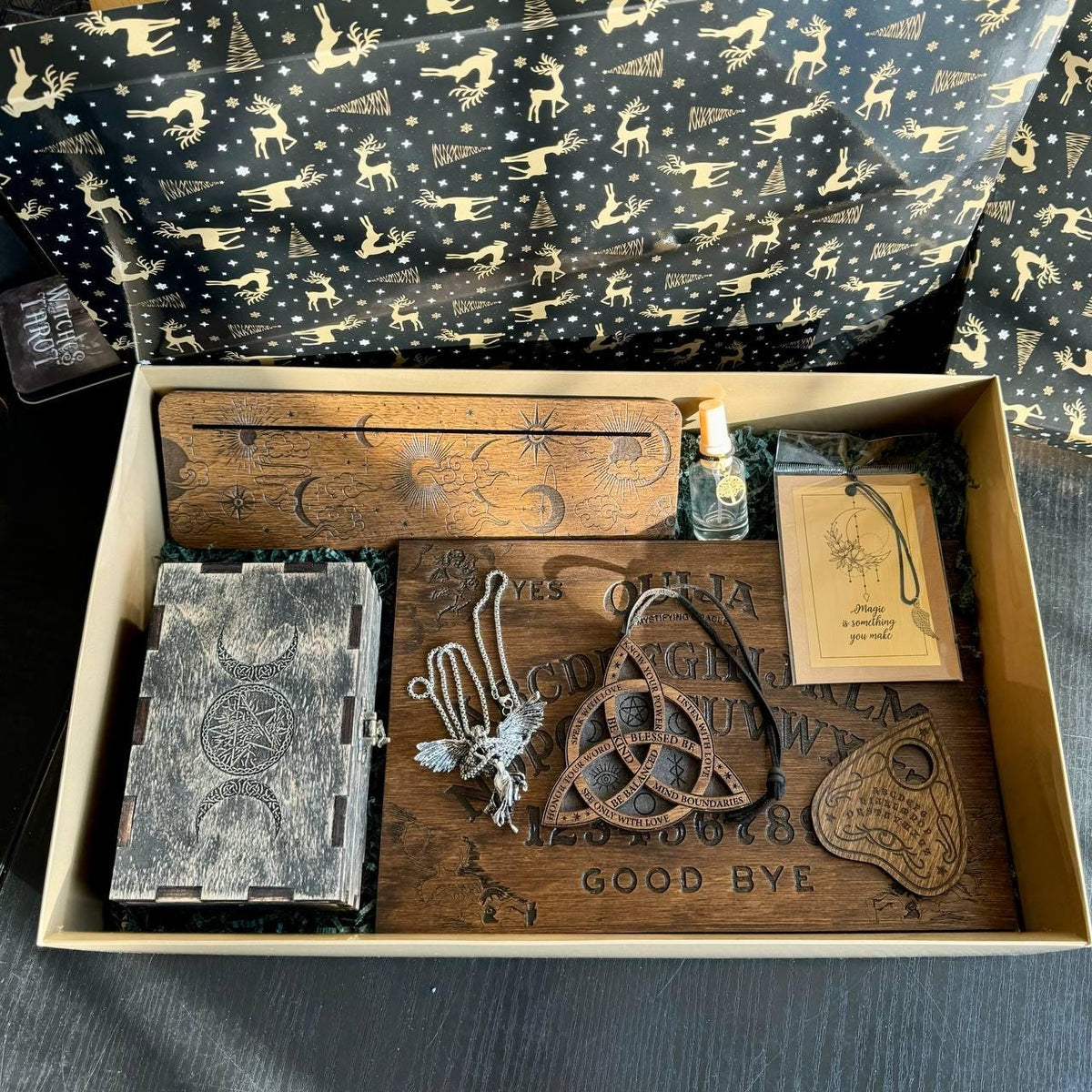 Witch Mystery Box with Wooden Ritual Tools, Pagan Altar Gift Set