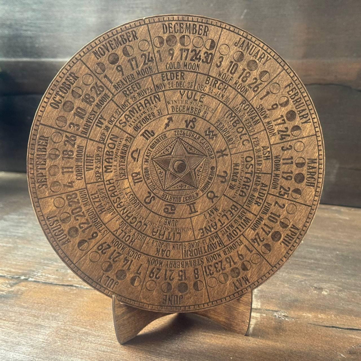 2026 Lunar Calendar with Pentagram – Wiccan Moon Phase Wheel on Walnut Wood with Stand