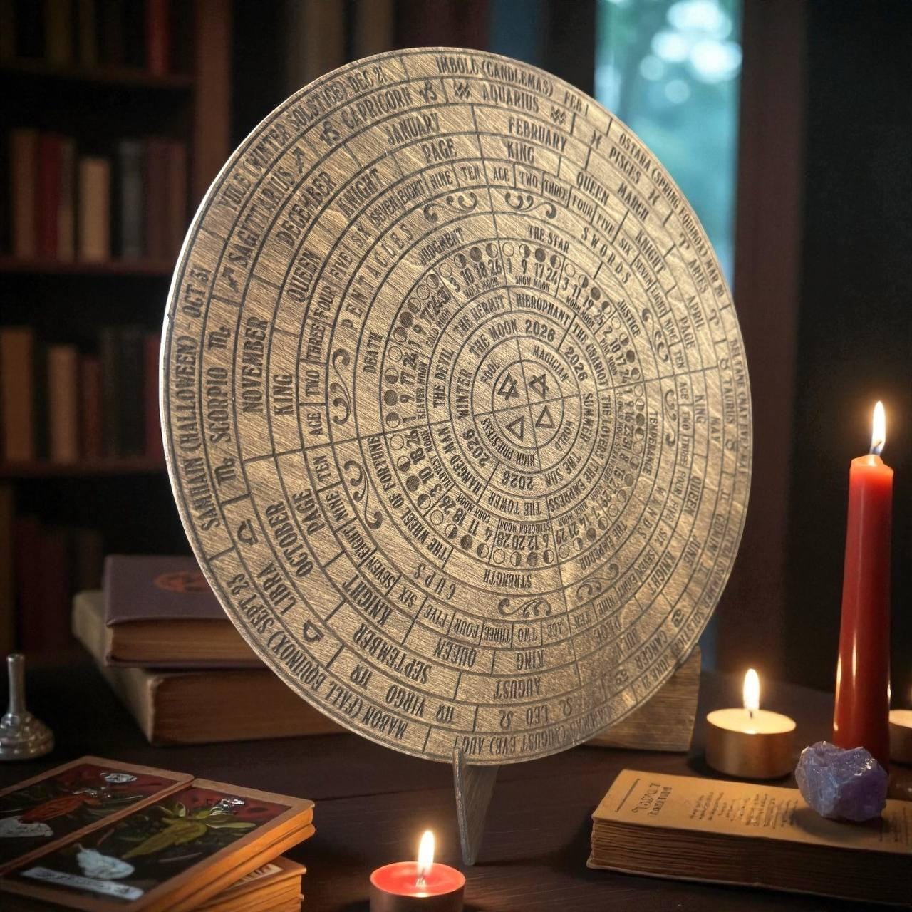 2026 Lunar Calendar Wooden Moon Wheel – Witch Altar Decor, Full Moon Phases Chart