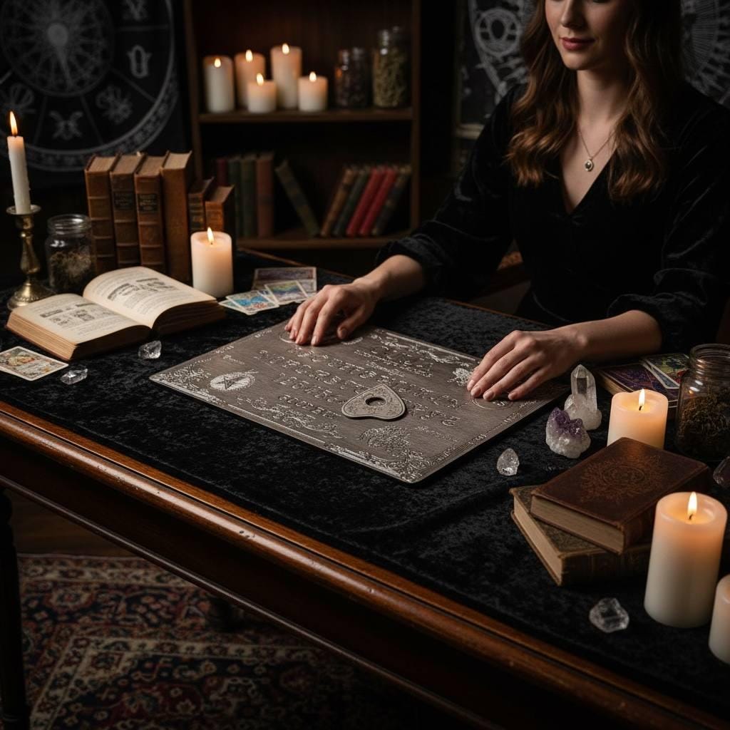 Black Ouija Board - Wooden Spirit Board with Engraved Planchette for Ritual Altar
