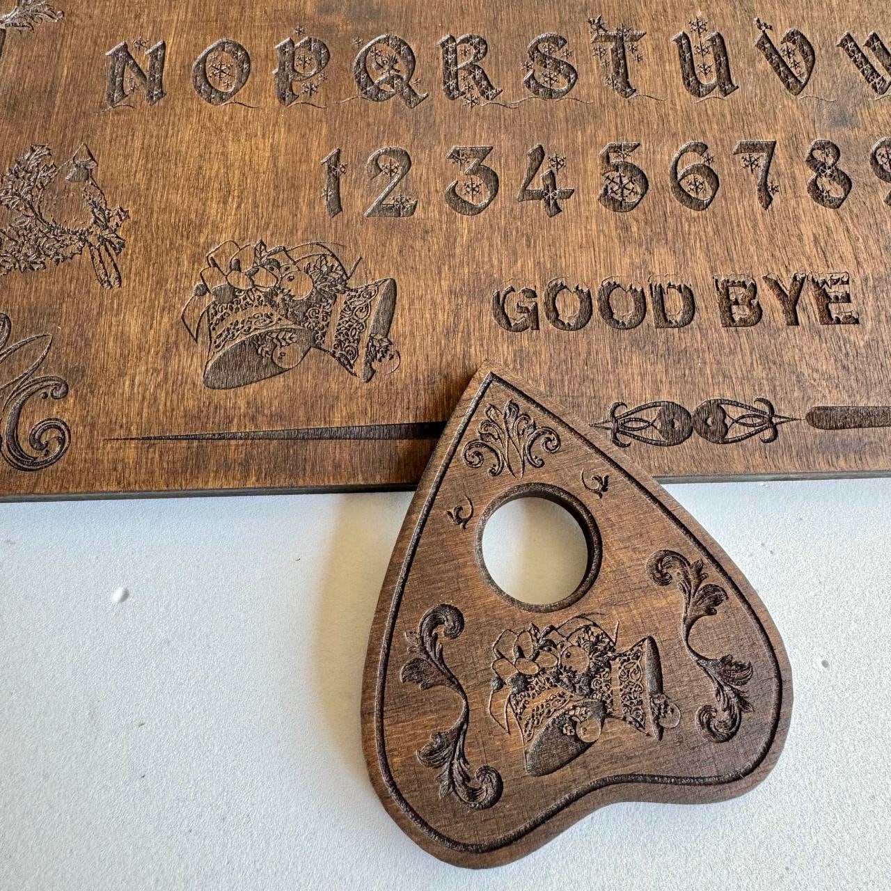Rosewood Ouija Planchette: Engraved Christmas Jingle Bells, Spirit Board Tool
