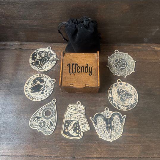 Personalized Wicca Ornament Gift Box, 7 Wooden Sabbat Charms in 4 Colors