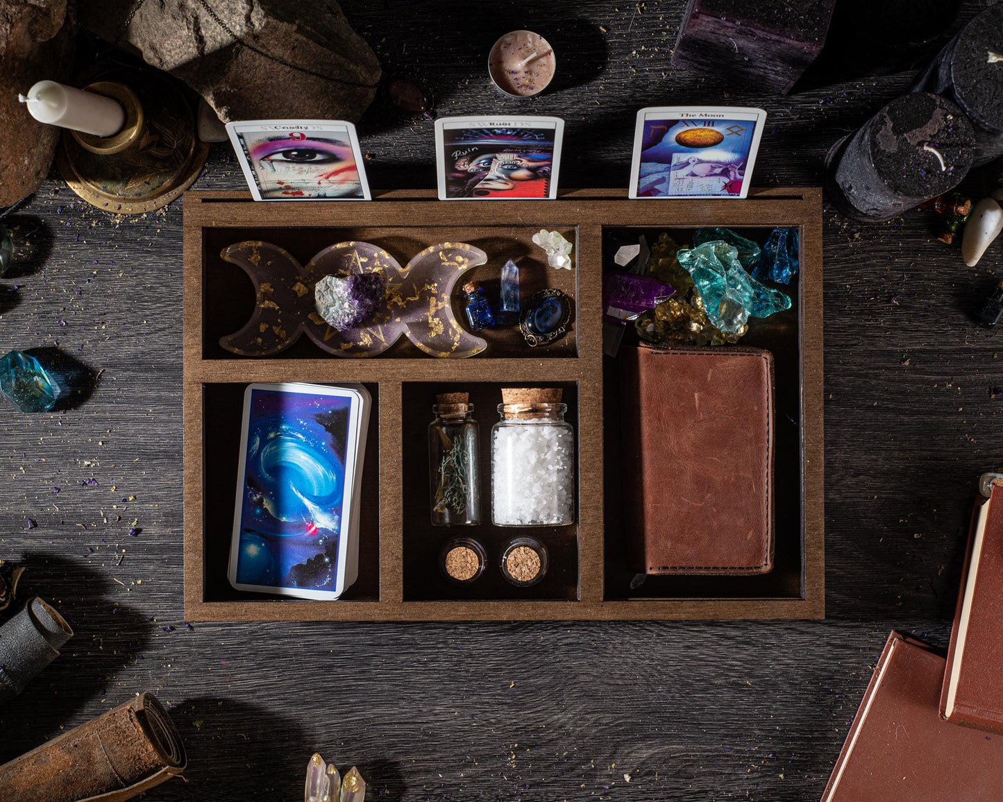 Moon Phase Tarot Box, Wooden Organizer for Cards, Witch Altar Storage Case, Crystal Divider Box