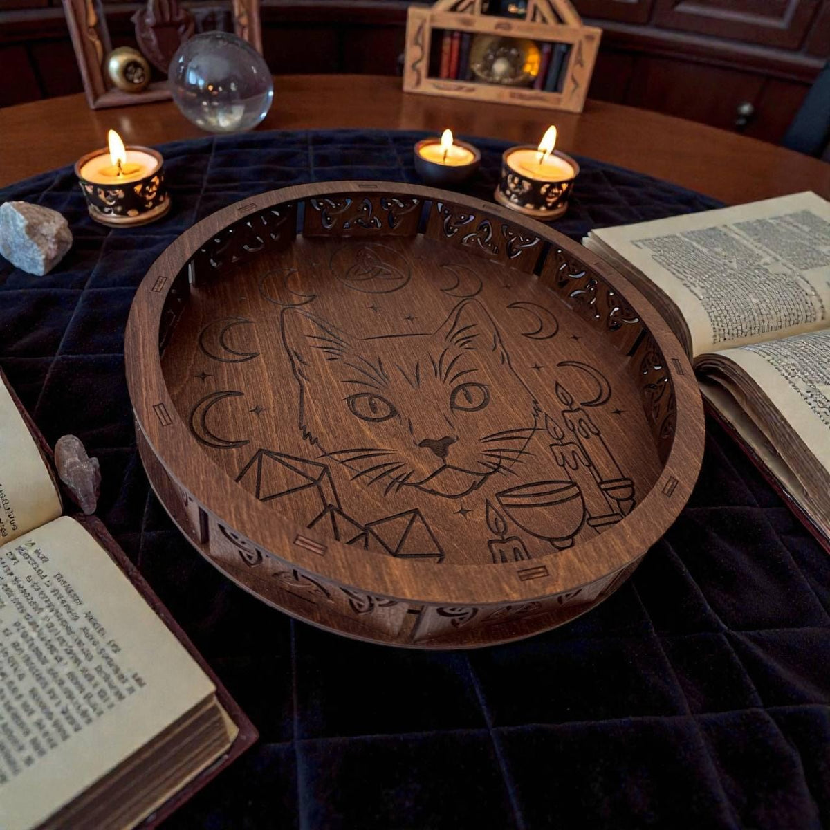Personalized Cat Witch Altar Tray, Wenge Wood Ritual Decor