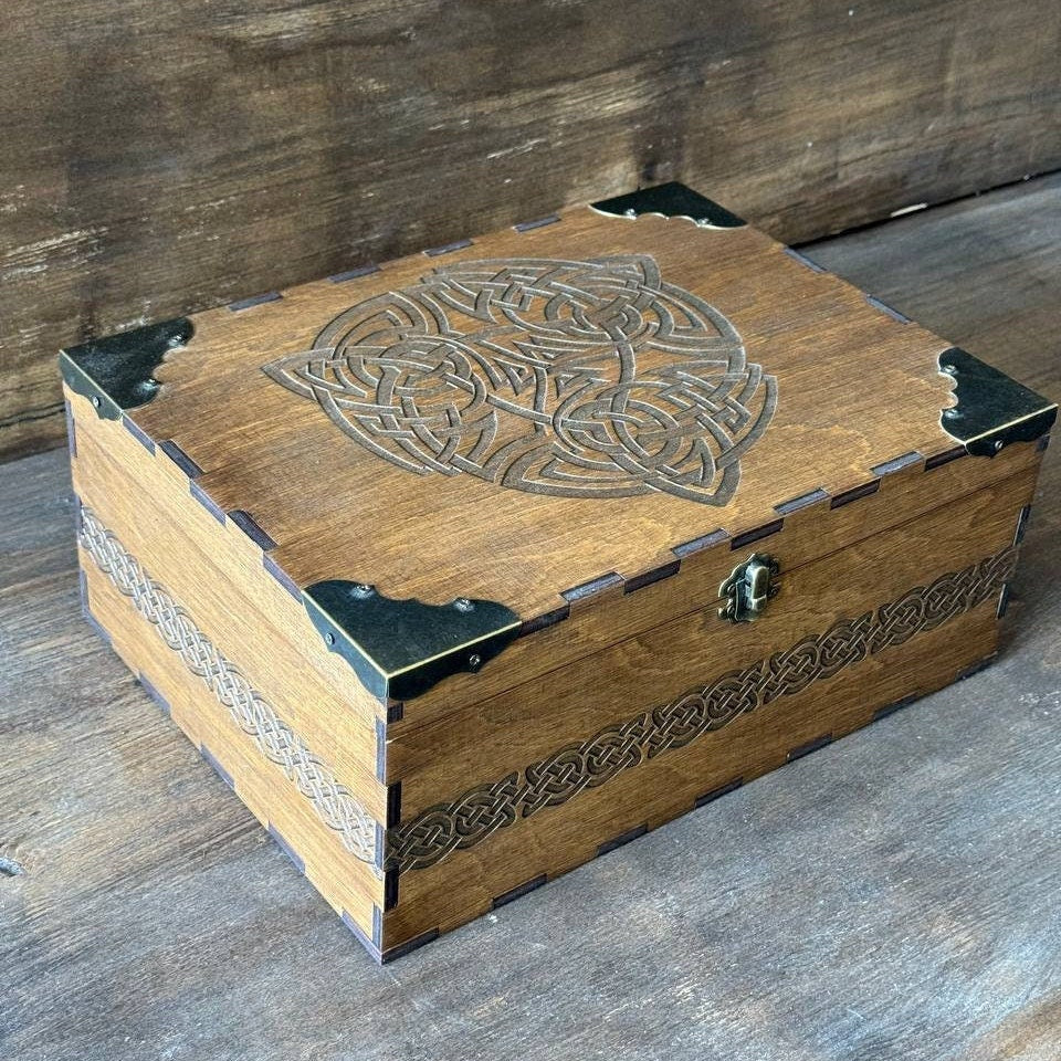 Wooden Storage Box | Viking Keepsake Chest with Celtic Symbol - Rustic Pagan Decor