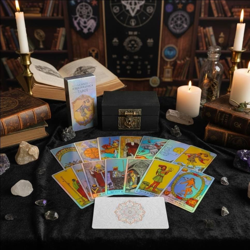 Holographic Rider Waite Tarot Deck Set, Personalized Box