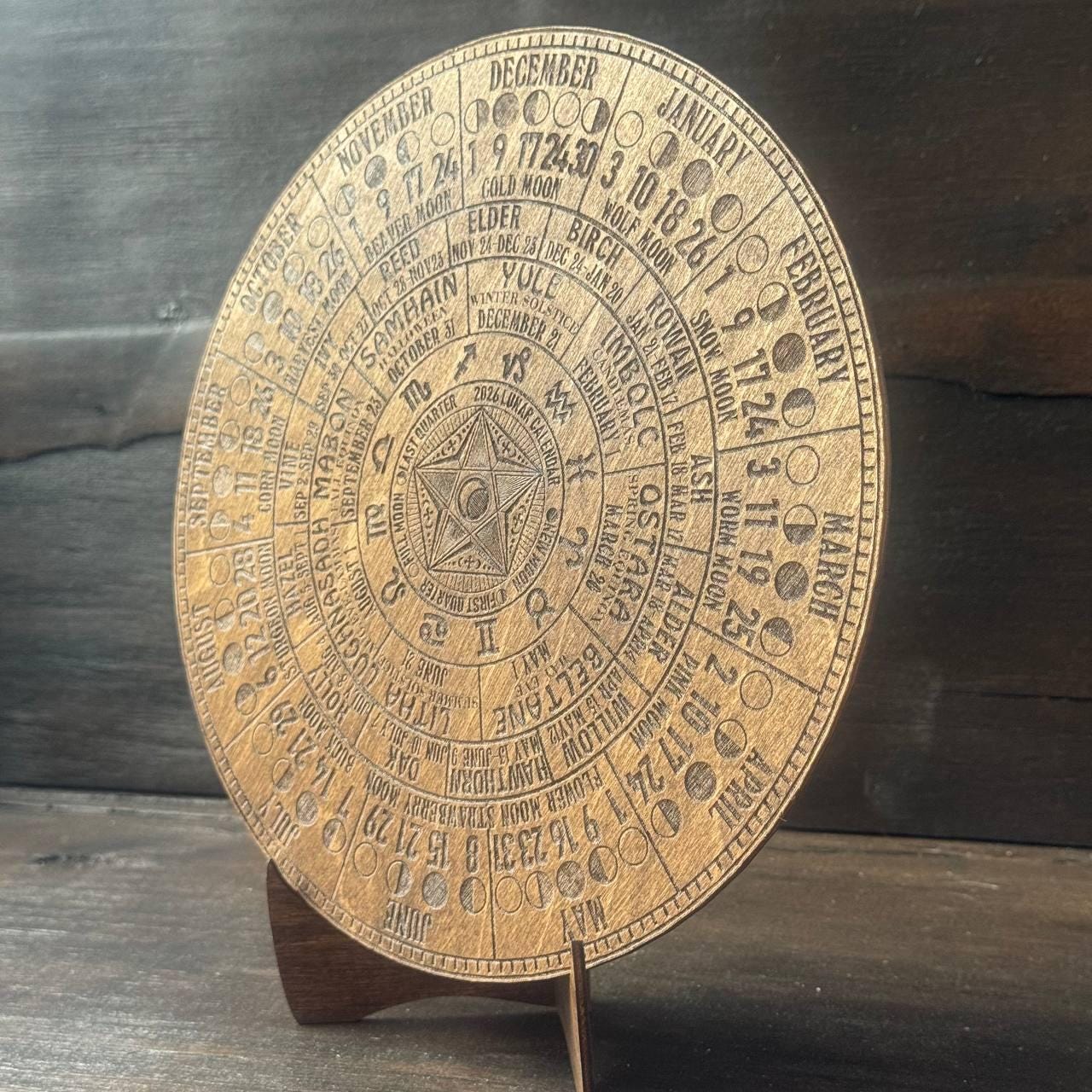 2026 Lunar Calendar with Pentagram – Wiccan Moon Phase Wheel on Walnut Wood with Stand