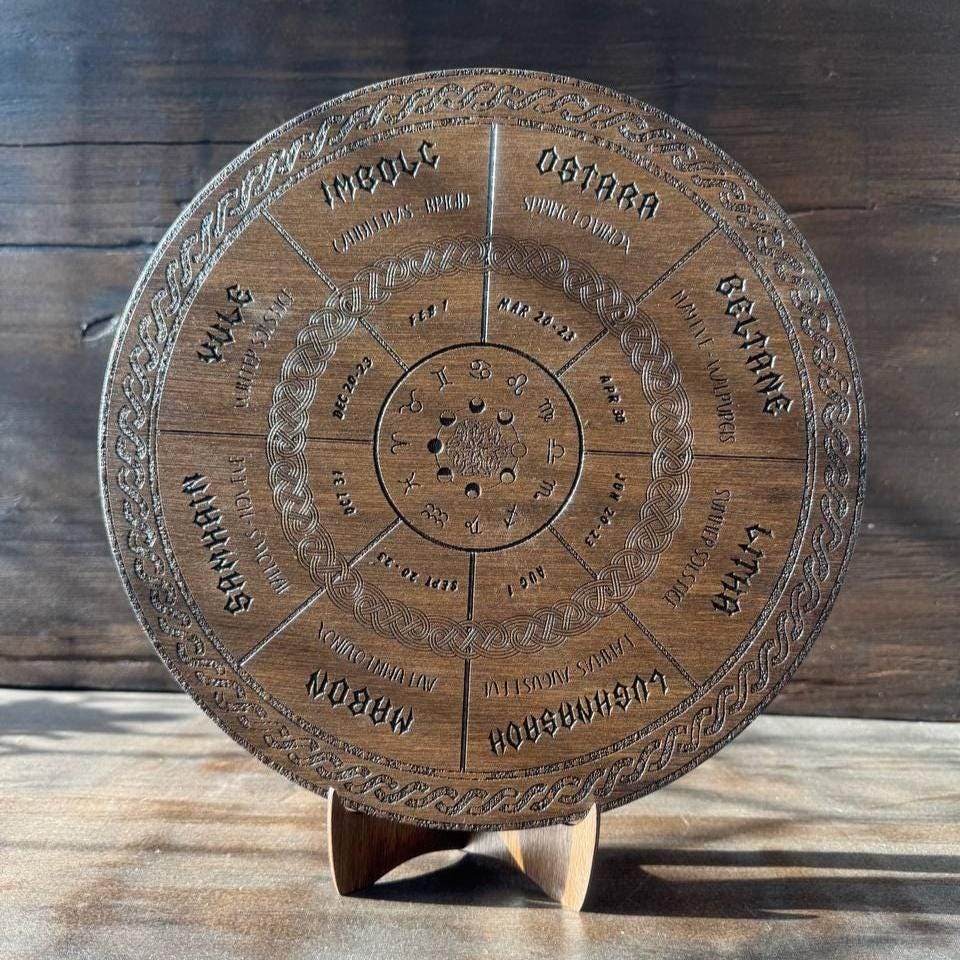 Wooden Wheel of Life Calendar, Celtic Tree Zodiac Engraved Disc, Wiccan Altar Decor
