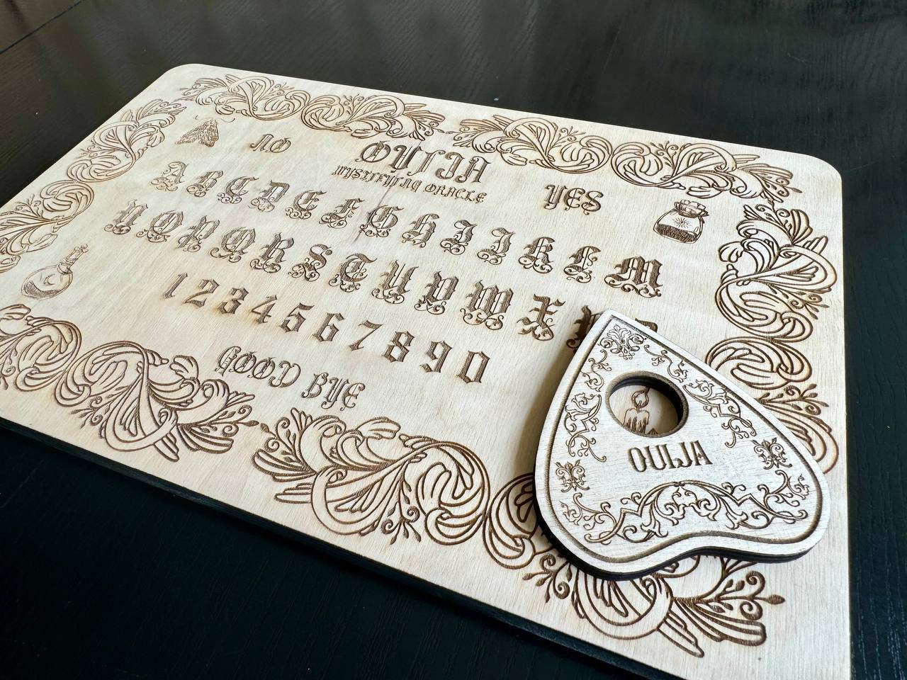 Wooden Ouija Board with Planchette, Engraved Spirit Board, Gothic Alphabet Talking Board