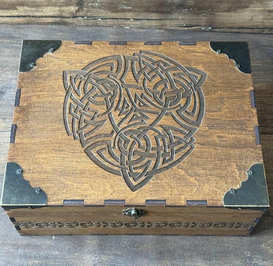 Celtic Wooden Storage Box with Engraving, Viking Style Jewelry Box, Medieval Keepsake Chest