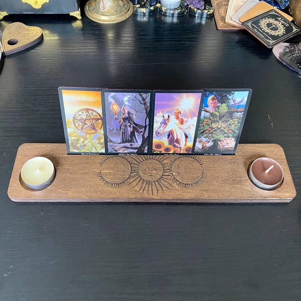 Sun and Moon Tarot Card Holder, Engraved Wooden Altar Stand
