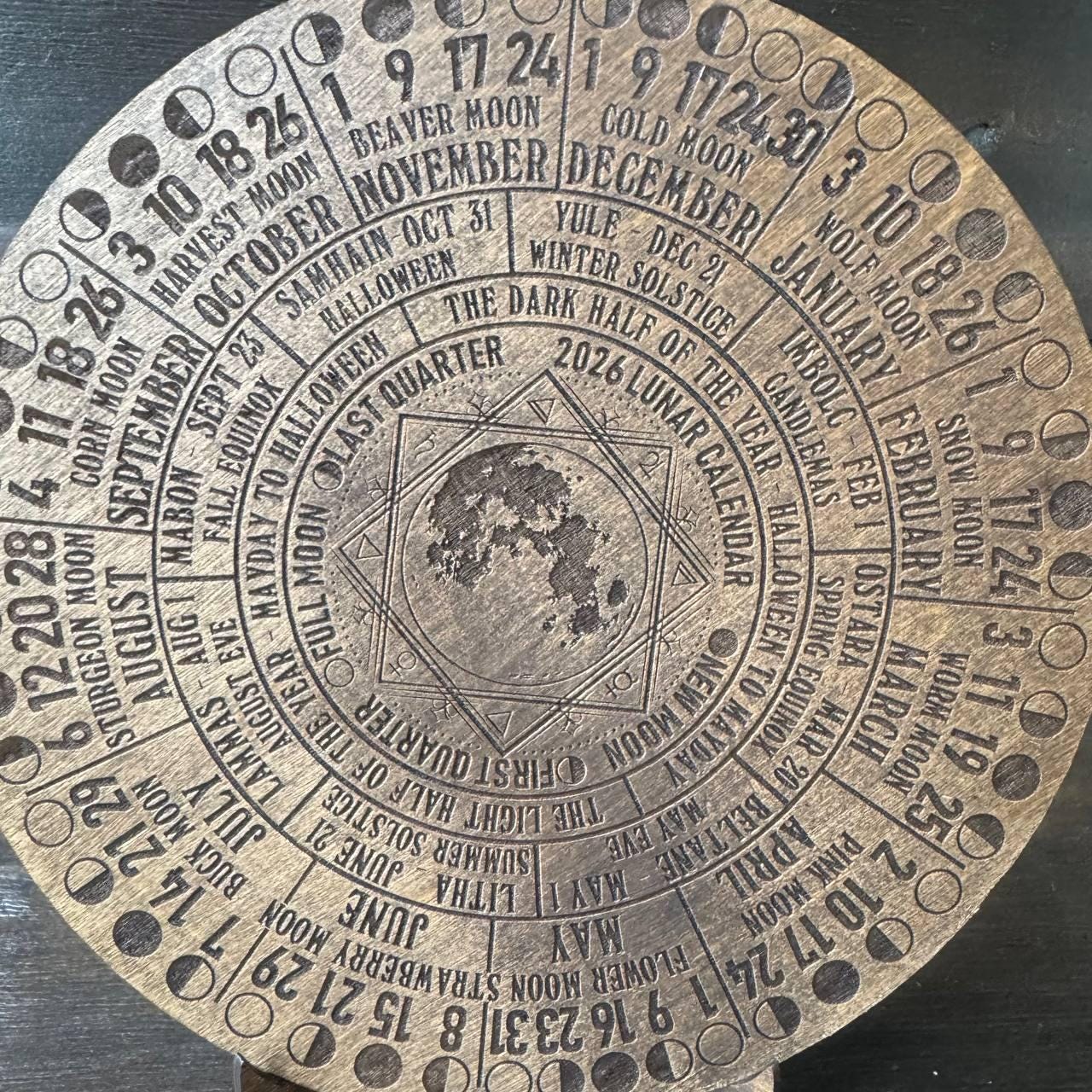 2026 Lunar Calendar Wood Moon Phase Wheel, Witch Altar Decor with Stand, Pagan Astrology Gift