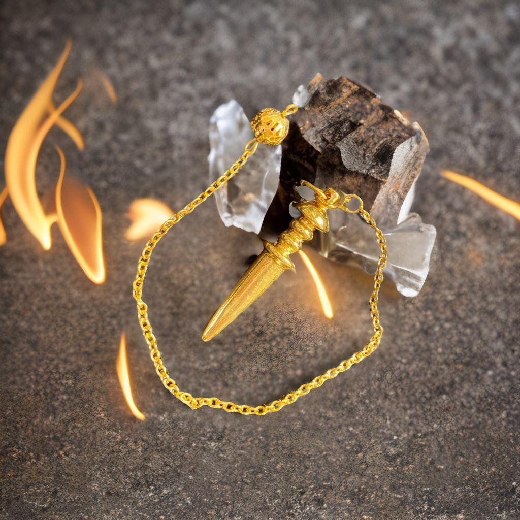 A gold pendulum with a pointed end is suspended from a chain, surrounded by flames and a rock.