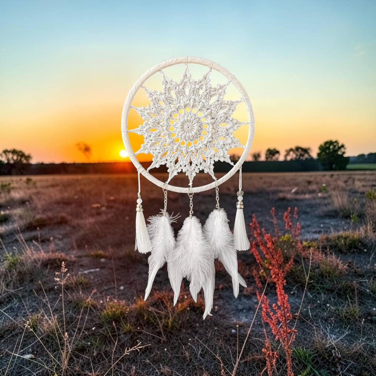 White Crochet Dream Catcher – Boho Bedroom & Nursery Decor