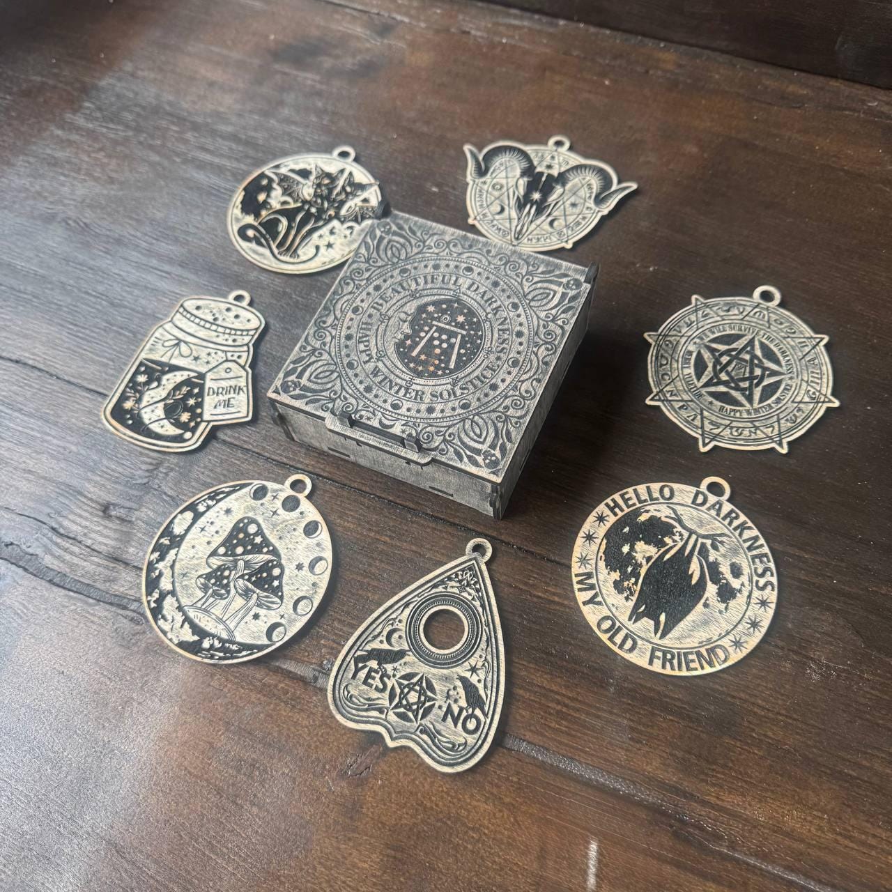 Personalized Wicca Ornament Set, 7 Wooden Witch Symbols in Old Oak Gift Box