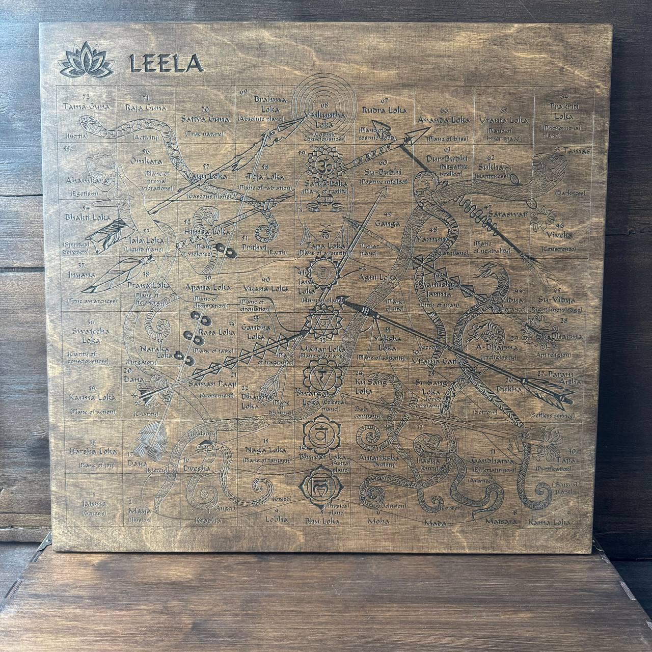 Leela Board Game - Wooden Spiritual Classic Set with Engraved Board & Meditation Tools