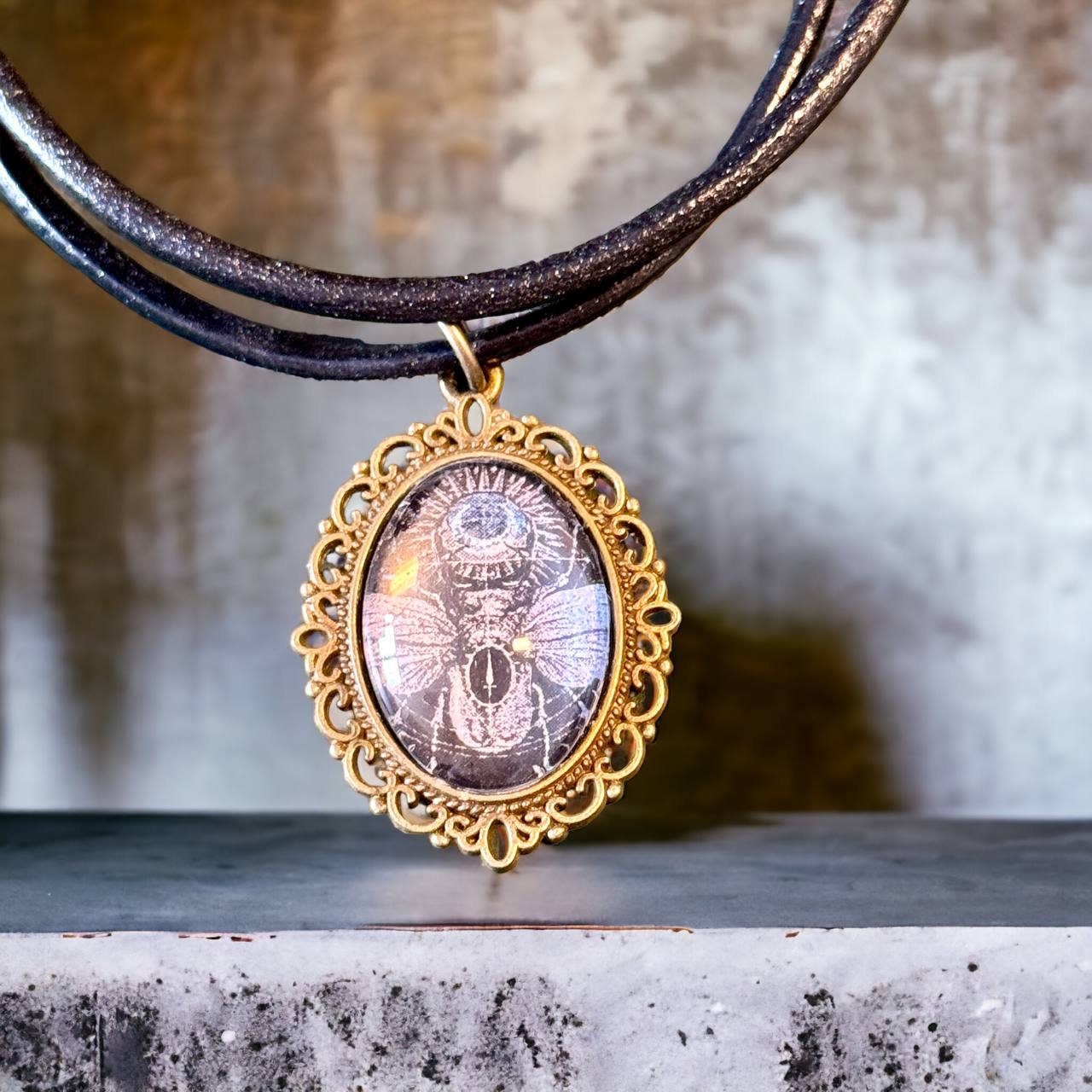 Scarab Beetle Necklace, Egyptian Pendant, Gothic Insect Jewelry, Oval Amulet