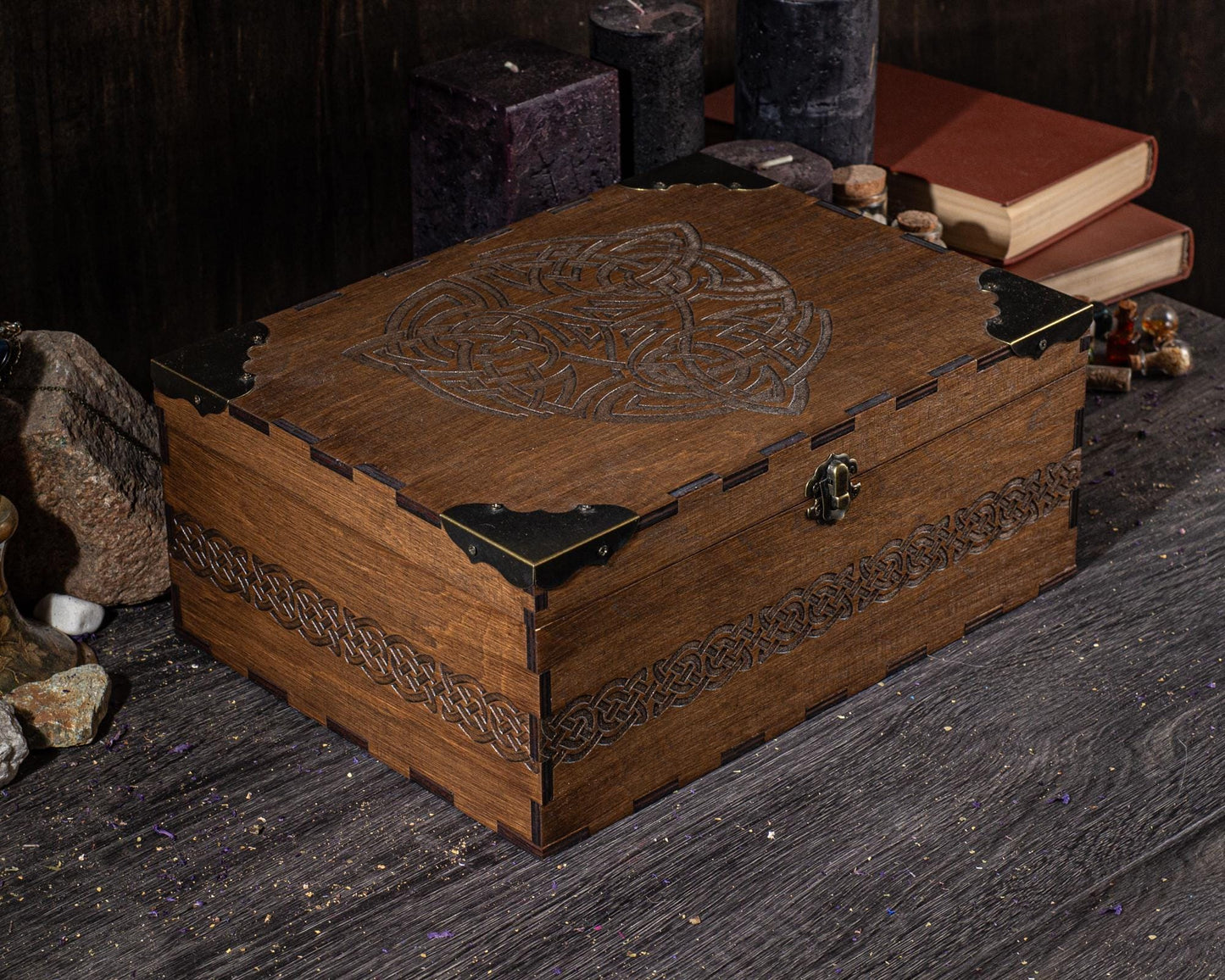 Celtic Wooden Storage Box with Engraving, Viking Style Jewelry Box, Medieval Keepsake Chest