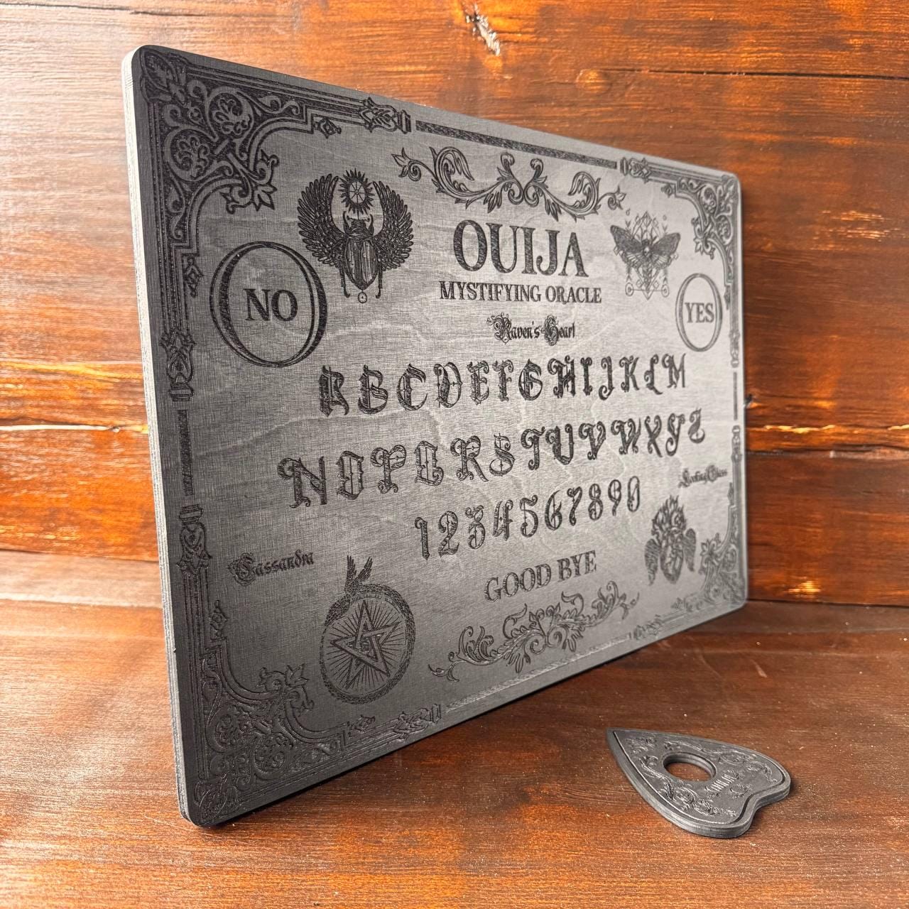 Black Ouija Board - Wooden Spirit Board with Engraved Planchette for Ritual Altar