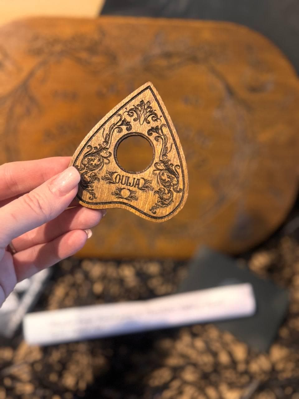 Wooden Ouija Board with Planchette, Gothic Spirit Game for Ritual Decor