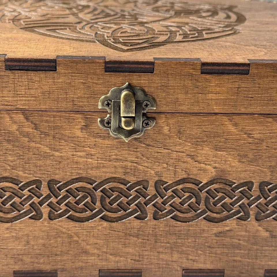 Wooden Storage Box | Viking Keepsake Chest with Celtic Symbol - Rustic Pagan Decor