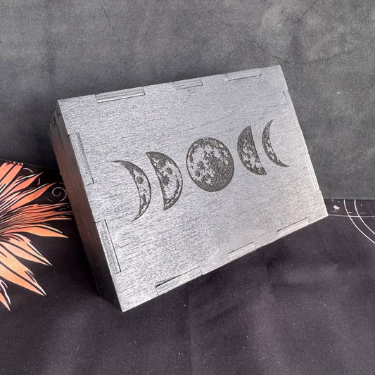 A metallic box with the phases of the moon printed on it, sitting on a dark surface.