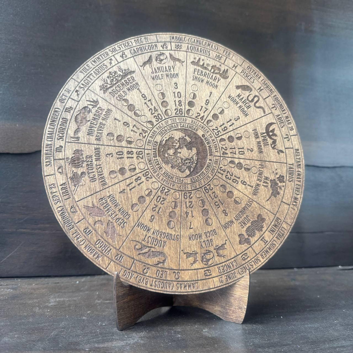 2026 Wooden Lunar Calendar, Moon Phase and Zodiac Wheel Wall Art