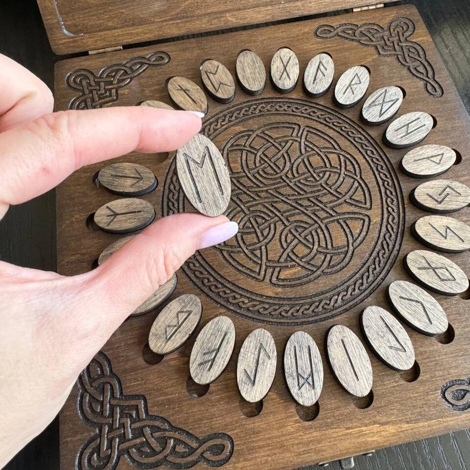 Futhark Runes Set with Wooden Box Norse Divination Kit