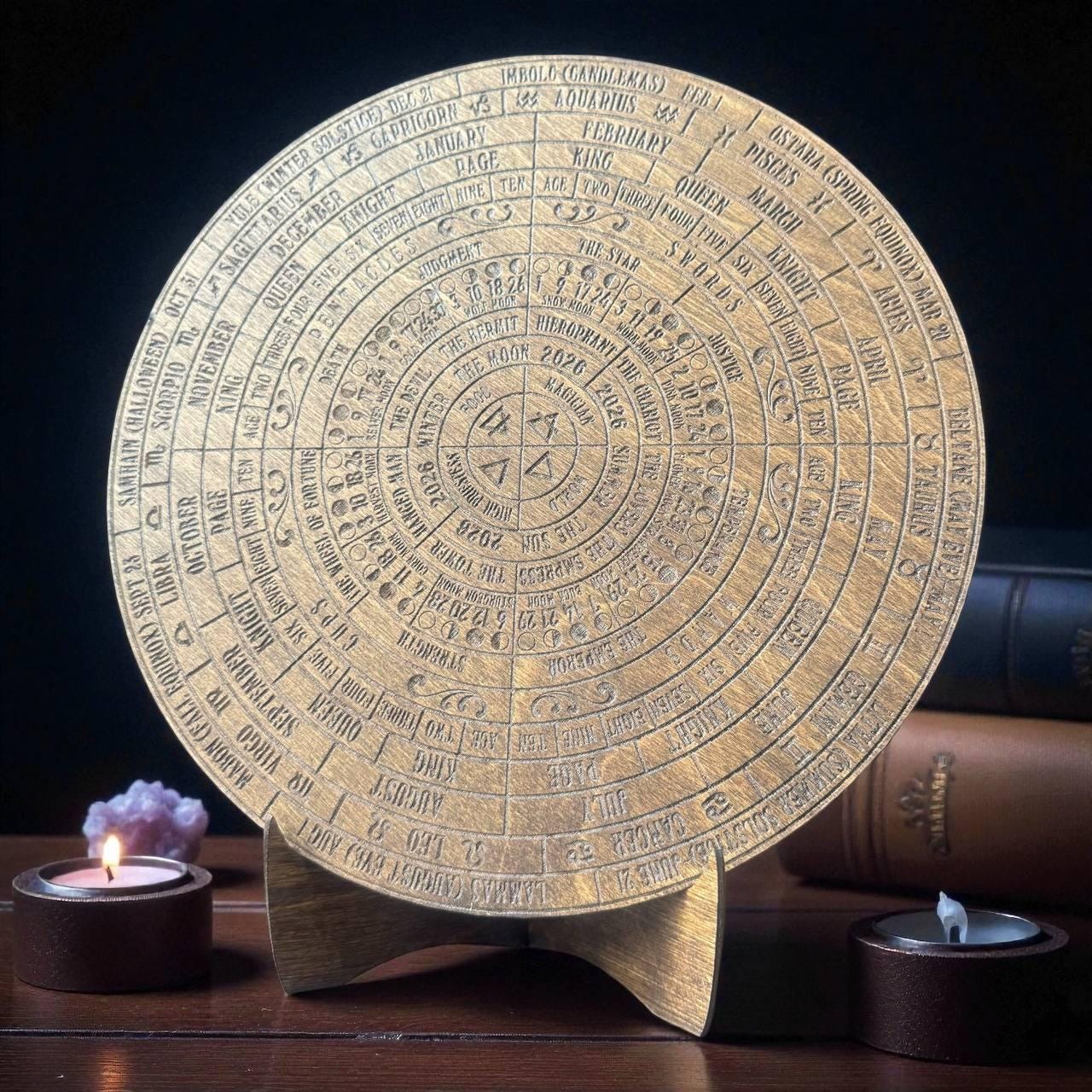 2026 Lunar Calendar Wooden Moon Wheel – Witch Altar Decor, Full Moon Phases Chart