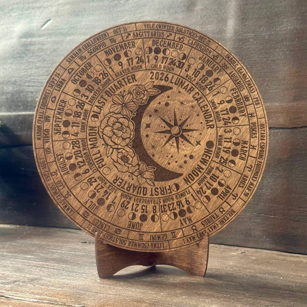 2026 Lunar Moon Phase Calendar – Floral Wood Moon Chart in Walnut Stain with Stand