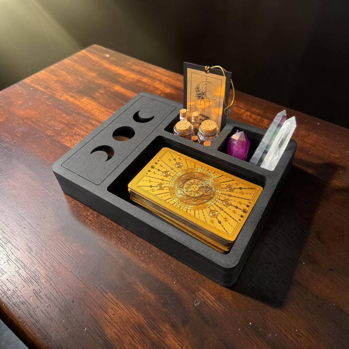 Black Tarot and Crystal Organizer, Moon Phase Witchcraft Storage Box