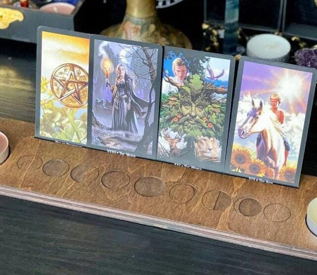 Tarot cards holder, wooden with moon phase design