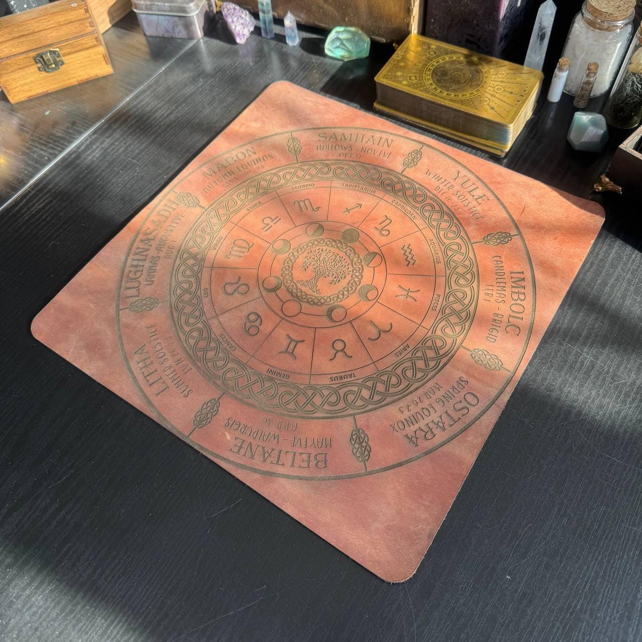 Engraved Leather Wiccan Calendar Mat, Zodiac Wheel Altar Planner in 3 Sizes