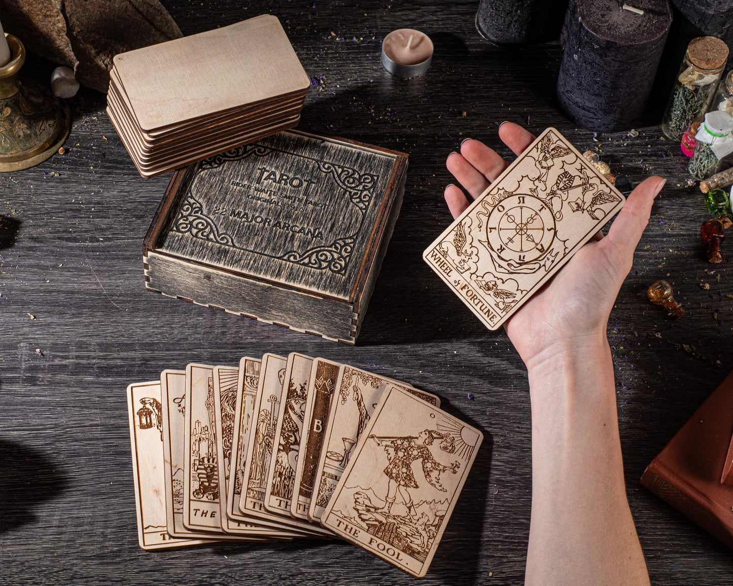 Wooden Tarot Cards 22 Major Arcana Rider Waite Natural Wood Engraved Deck with Box